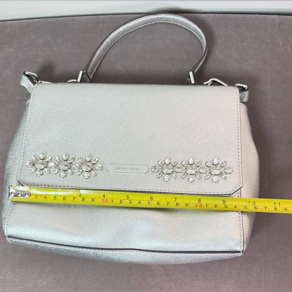 Michael Kors satchel crossbody Saffiano leather metallic silver crystal floral - Picture 13 of 16